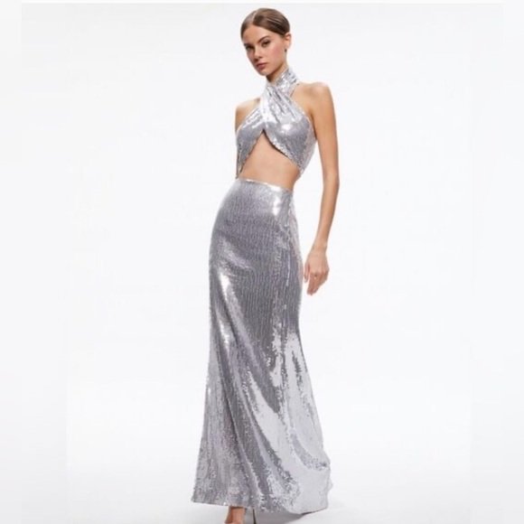Alice + Olivia May Halter Neck Silver Sequin Maxi Gown - Picture 5 of 13